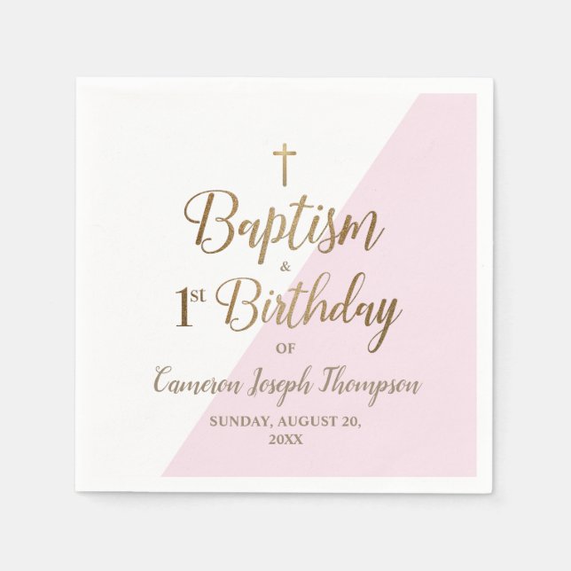 Serviette En Papier Premier anniversaire et baptême Croix d'or rose bl (Devant)