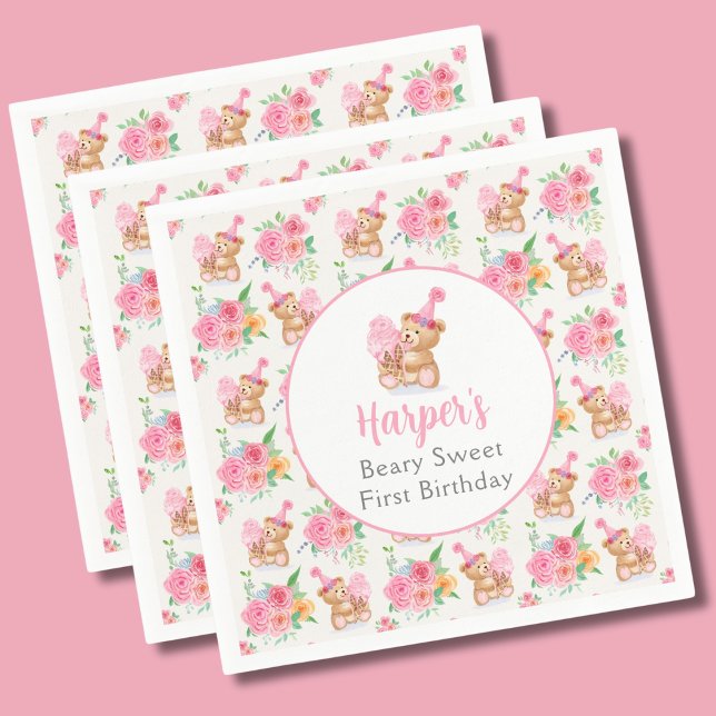 Serviette En Papier Premier anniversaire Fille Teddy Ours Motif de crè (Créateur téléchargé)