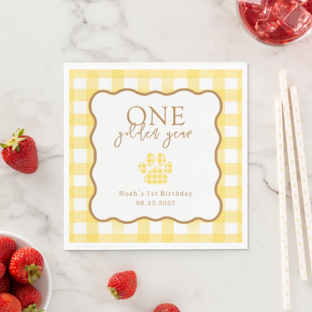 Serviette En Papier Premier Anniversaire Garçons Gingham Jaune Une Ann (En situation)