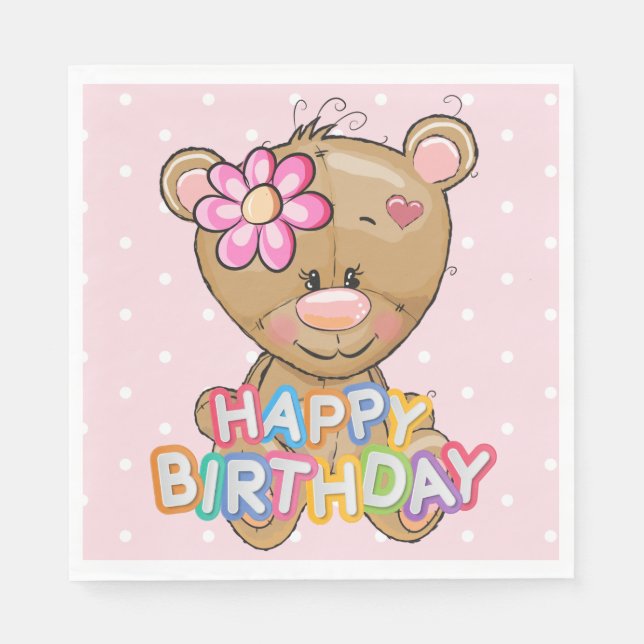 Serviette En Papier Premier anniversaire Pois roses Teddy Bear (Devant)