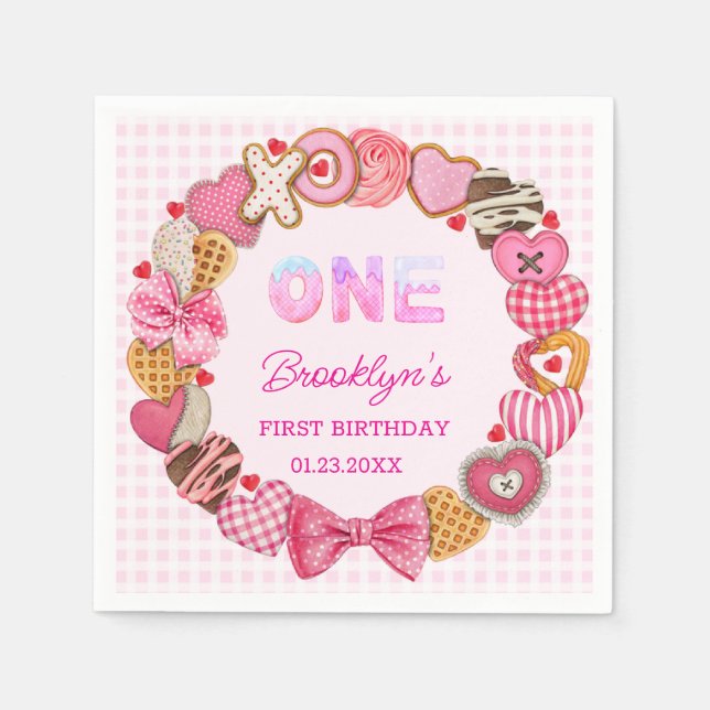 Serviette En Papier Premier anniversaire Rose rose Coeur Tourbillonnan (Devant)