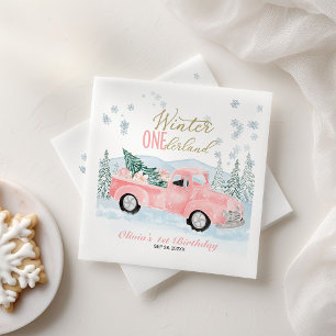 Serviette En Papier Premier Anniversaire Winter Onederland Camion Rose