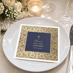 Serviette En Papier Premier Communion Garçon Marine Bleu Vintage Roses