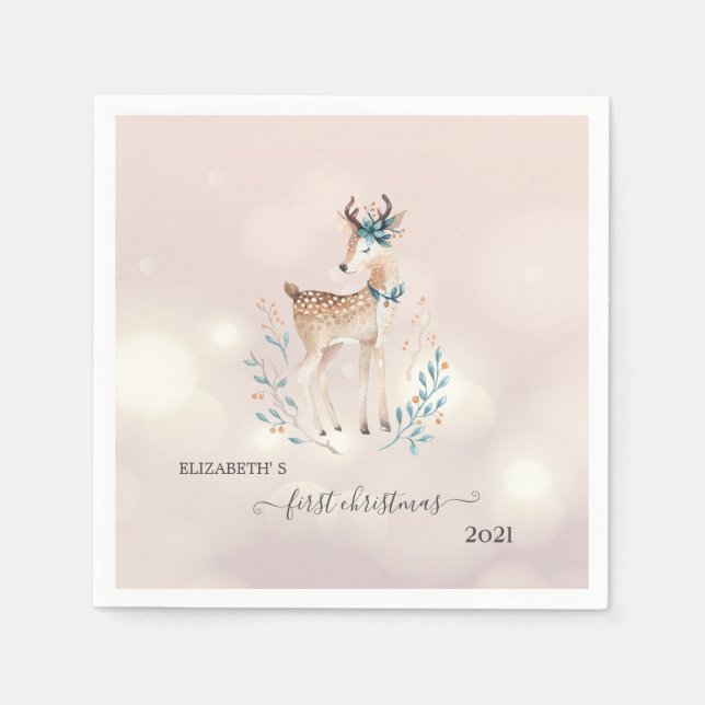 Serviette En Papier Premier Noël, Vacances Cerf Mignon   (Devant)