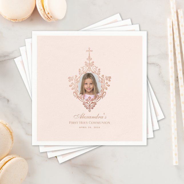Serviette En Papier Premier Rose Communion Gold Cross Girl Photo Blush (Créateur téléchargé)