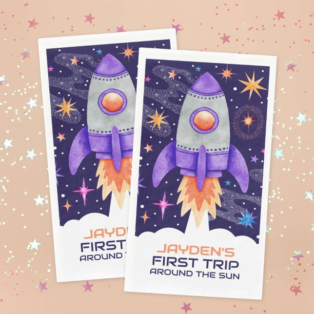 Serviette En Papier Premier voyage autour du Sun Rocket Ship Space (First Trip Around the Sun Rocket Ship Outer Space Paper Guest Towels)