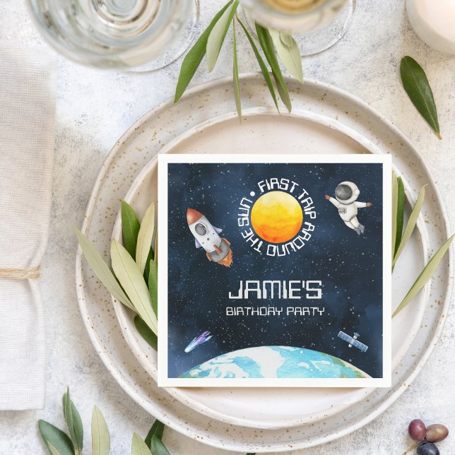 Serviette En Papier Premier Voyage Autour Du Thème Espace Soleil 1er A (First Trip Around The Sun Space Theme 1st Birthday Napkin)