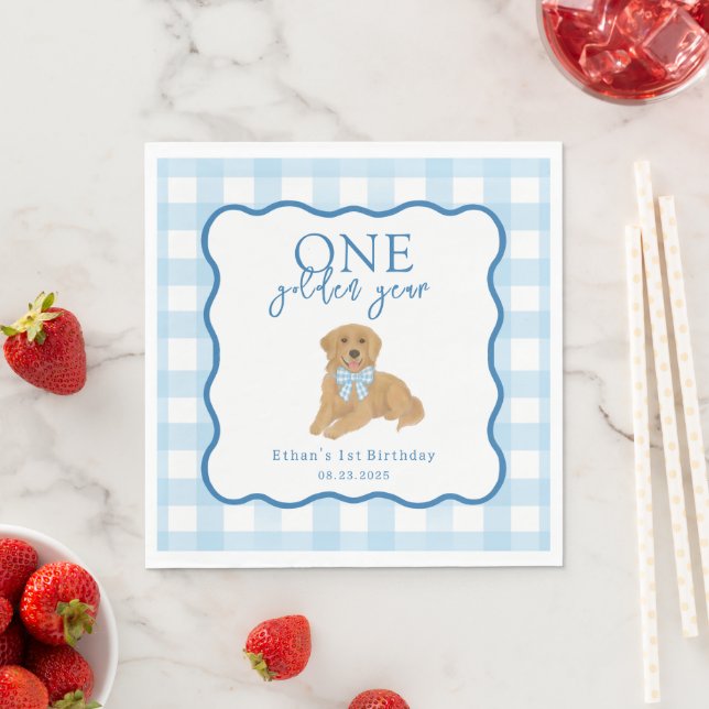 Serviette En Papier Première année dorée Gingham Bleu pour garçons (En situation)