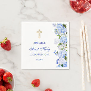 Serviette En Papier Première communion à l'hortensia bleu