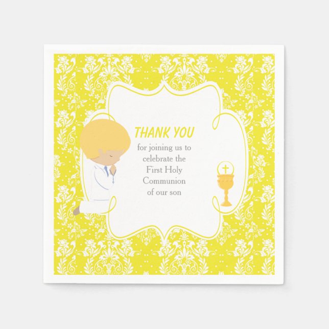 Serviette En Papier Première Communion Blonde Boy Yellow Damask (Devant)