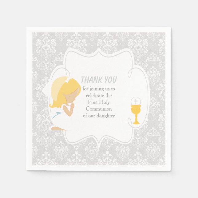 Serviette En Papier Première Communion Blonde Girl Argent Damask (Devant)