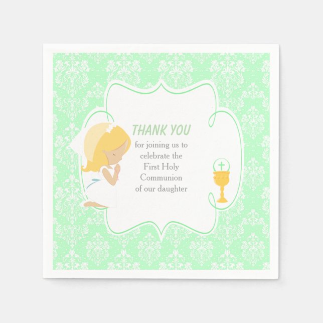 Serviette En Papier Première Communion Blonde Girl Green Damask (Devant)