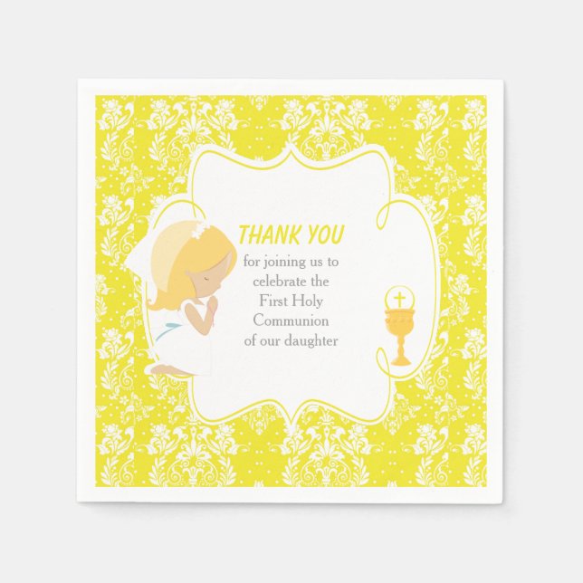 Serviette En Papier Première Communion Blonde Girl Yellow Damask (Devant)
