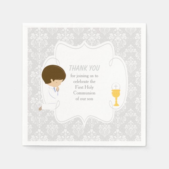 Serviette En Papier Première Communion Brunette Boy Argent Damask (Devant)
