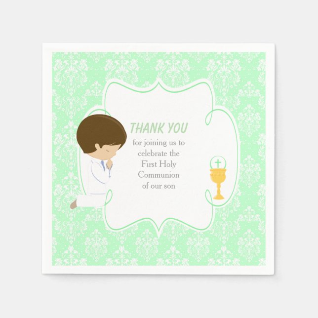 Serviette En Papier Première Communion Brunette Garçon Vert Damas (Devant)