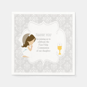 Serviette En Papier Première Communion Brunette Girl Argent Damask