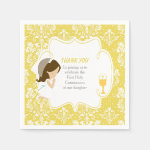 Serviette En Papier Première Communion Brunette Girl Gold Damask