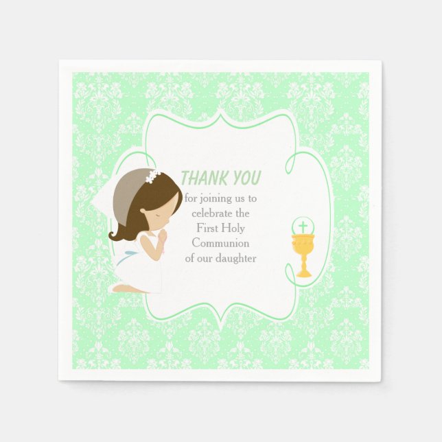 Serviette En Papier Première Communion Brunette Girl Green Damask (Devant)