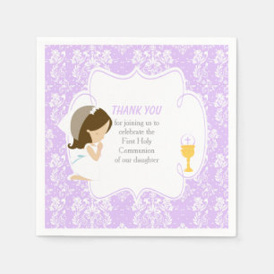 Serviette En Papier Première Communion Brunette Girl Purple Damask
