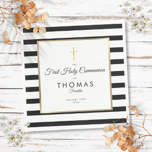 Serviette En Papier Première communion croix dorée rayée