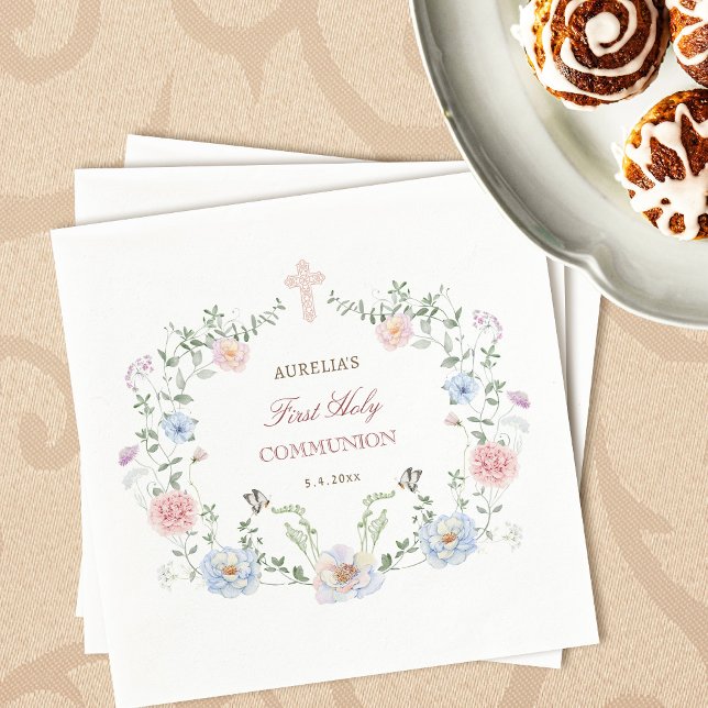 Serviette En Papier Première communion de cadre floral élégant (Créateur téléchargé)