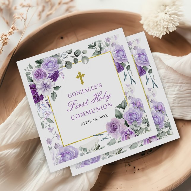 Serviette En Papier Première communion de fille florale violette (Créateur téléchargé)