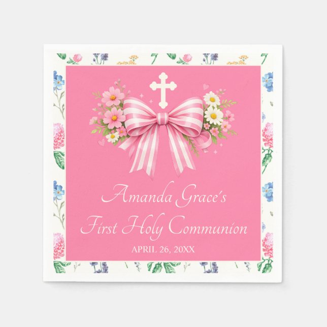 Serviette En Papier Première communion de fille Rose Bow fleur sauvage (Devant)