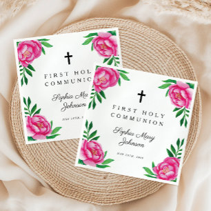 Serviette En Papier Première communion de la croix florale rose élégan