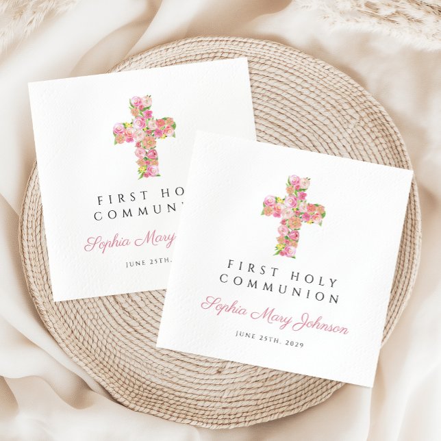 Serviette En Papier Première communion de la croix florale rose élégan (Elegant Pink Floral Cross First Communion Napkins)