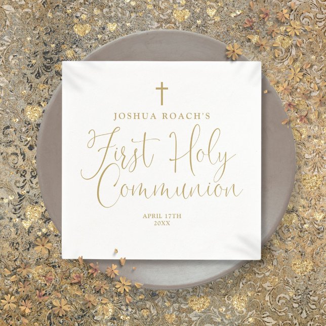 Serviette En Papier Première communion élégante chic or écriture (Elegant Chic Gold Script First Holy Communion Napkins)