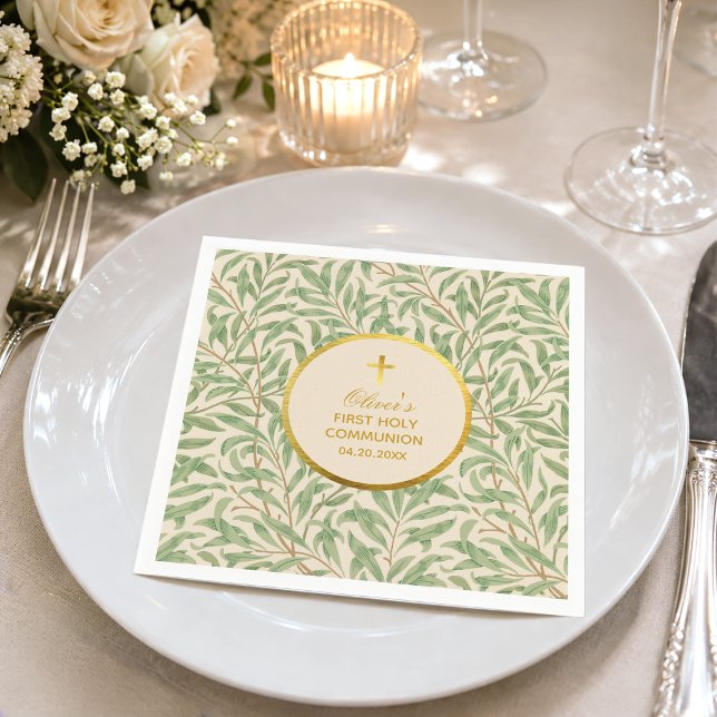 Serviette En Papier Première communion feuilles vertes feuille d'or fa (Créateur téléchargé)
