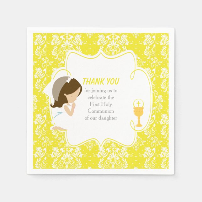 Serviette En Papier Première communion fille brune damassé jaune (Devant)