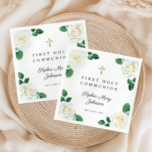 Serviette En Papier Première communion fille croix florale élégante 