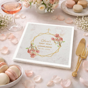 Serviette En Papier Première communion Fille Magnolia rose Marbre d'or