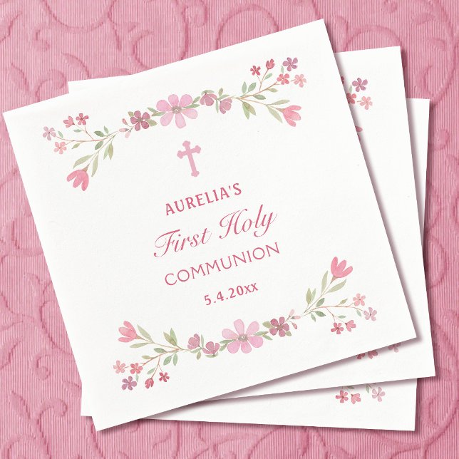 Serviette En Papier Première communion fleurs roses (Créateur téléchargé)