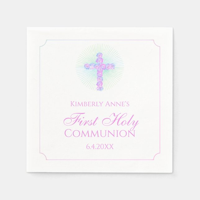 Serviette En Papier Première communion Floral Cross Lavender Monogramm (Devant)