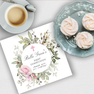 Serviette En Papier Première communion florale rose