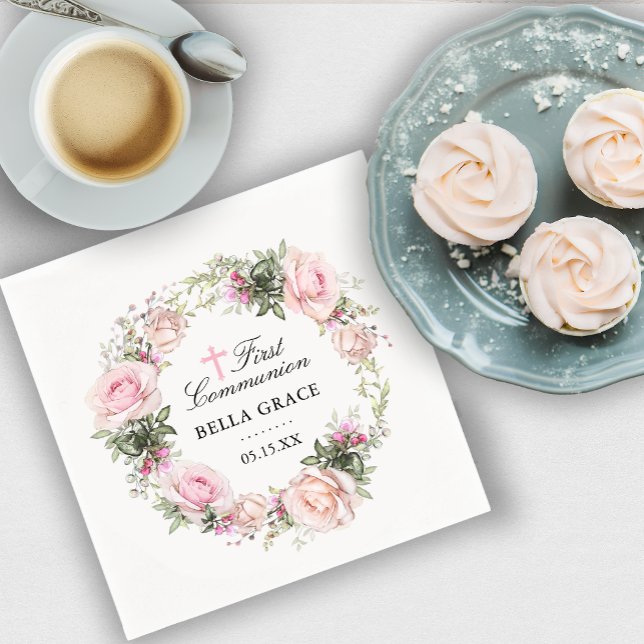 Serviette En Papier Première communion florale rose rustique (Créateur téléchargé)