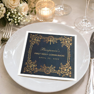 Serviette En Papier Première communion garçon bleu marine orné de vign