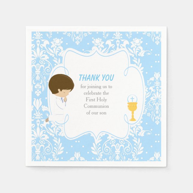 Serviette En Papier Première communion garçon brun bleu damas (Devant)