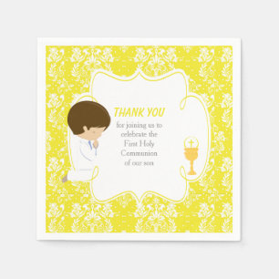 Serviette En Papier Première communion garçon brun jaune damas