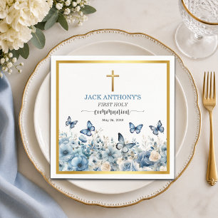 Serviette En Papier Première communion garçon Croix d'or florale bleue