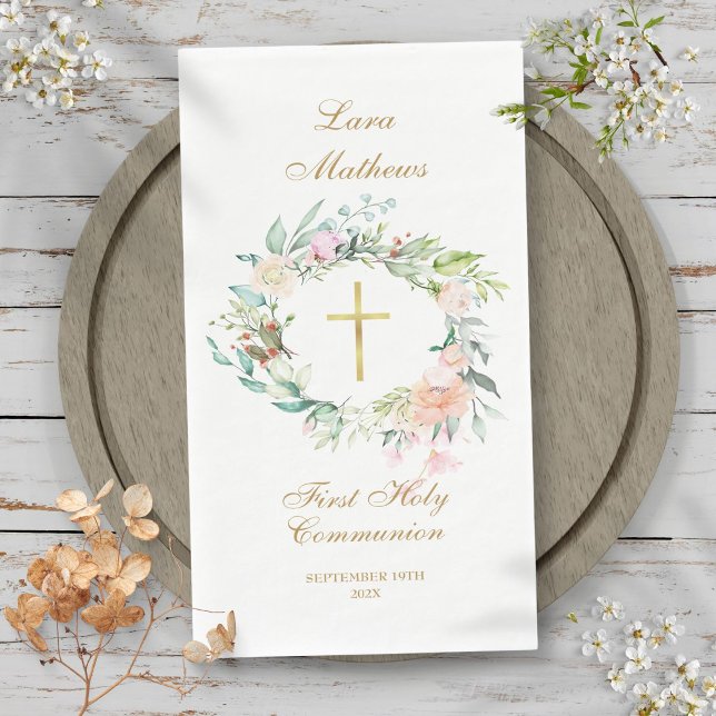 Serviette En Papier Première Communion Gold Floral Garland (First Holy Communion Gold Floral Garland Paper Guest Towels)