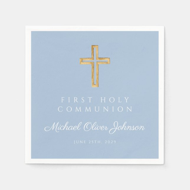 Serviette En Papier Première communion religieuse bleue élégante (Devant)