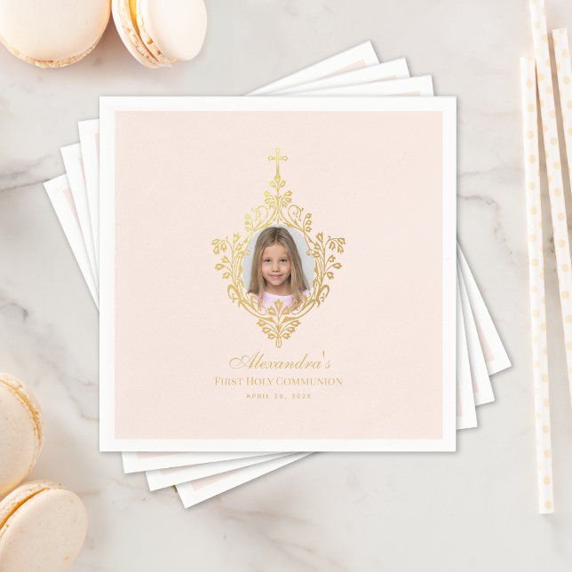 Serviette En Papier Première Communion Rose Girl Photo Faux Gold Cross (Créateur téléchargé)