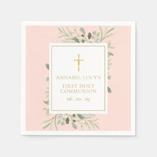 Serviette En Papier Première communion rose poudré et verdure