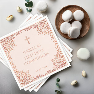 Serviette En Papier Première Communion Rose Rose Gold Feuilles Élégant