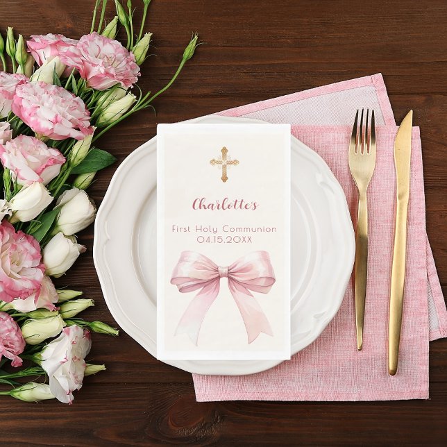 Serviette En Papier Première communion ruban rose croix crème (Créateur téléchargé)