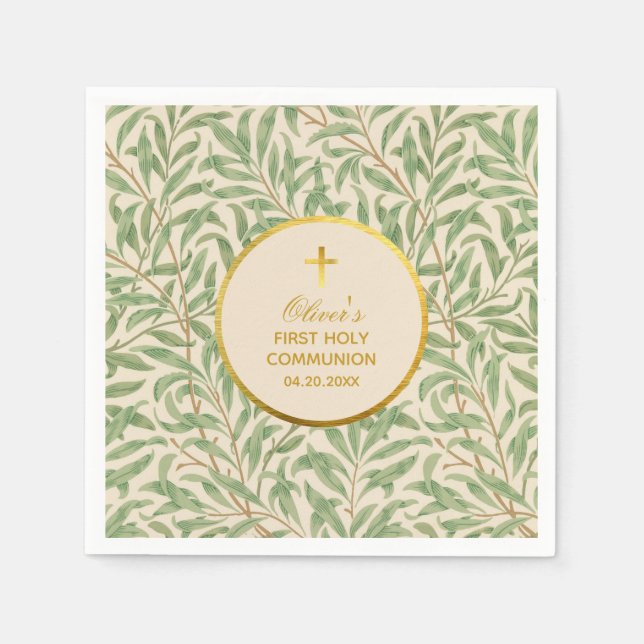 Serviette En Papier Première Communion Vert Feuilles Faux Gold Foil Mo (Devant)