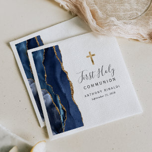 Serviette En Papier Première Sainte Communion Bleu Nuit Agate Dorée